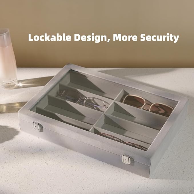 Glasses Holder Box Drawer Sunglass Organizer for Men Clear Wide Storage Case 8 Slots Multiple Reading Glasses Display, Gray Velvet With Clear Glass Lid