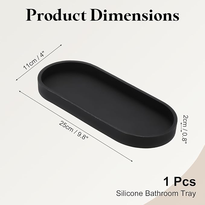 uxcell Bathroom Vanity Tray, 9.8" x 4" Oval Silicone Soap Dispenser Trays, Shatterproof Kitchen Sink Organizer for Soaps Keys Candle Trinket, Black