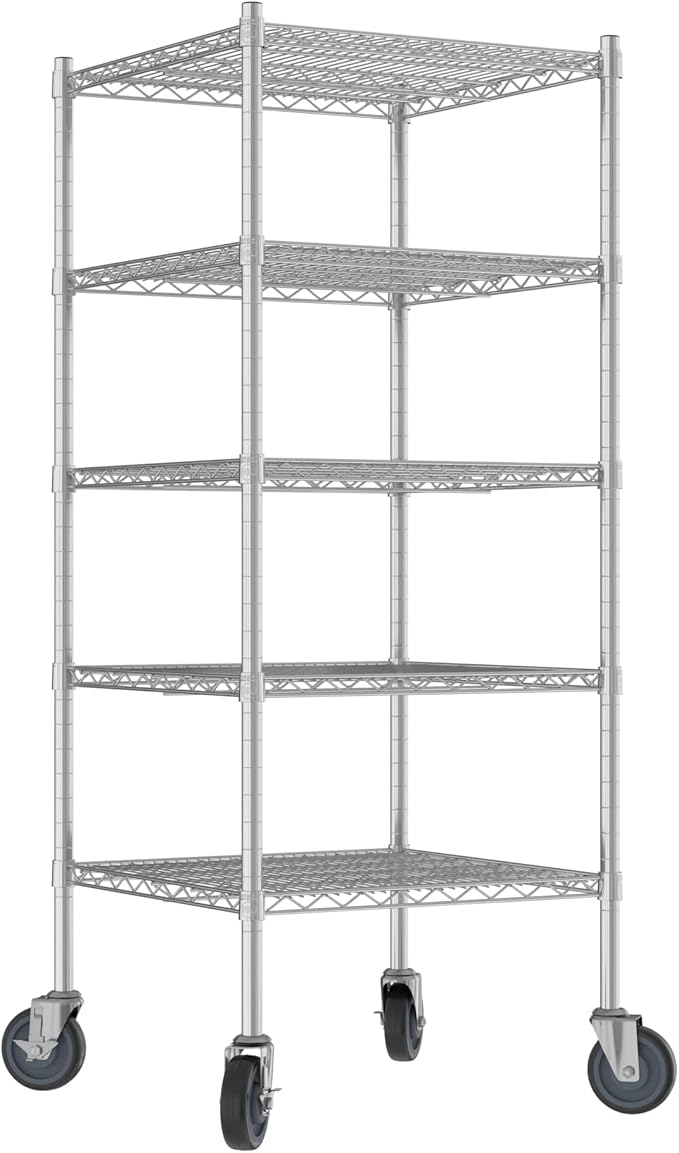 Commercial NSF Listed Chrome Mobile Wire Shelving Kit 24" x 24" x 60", with 5 Shelves Perfect for Warehouse, Walk-in Refrigerator, Freezer, Grocery Store, Restaurant, Dishroom