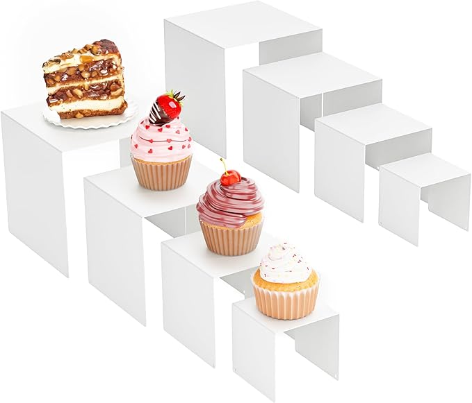 Matte Metal Display Stand,6 Pcs 2 Set Display Risers for Display, Metal Rectangular Display Shelf for Showcase, Dessert, Toys, Perfume (White, 3''x4''x5 x6)