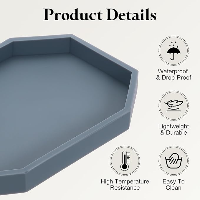 uxcell Bathroom Vanity Tray, 7.9" x 6" Octagon Silicone Soap Dispenser Trays, Shatterproof Kitchen Sink Organizer for Soaps Keys Candle Trinket, Gray