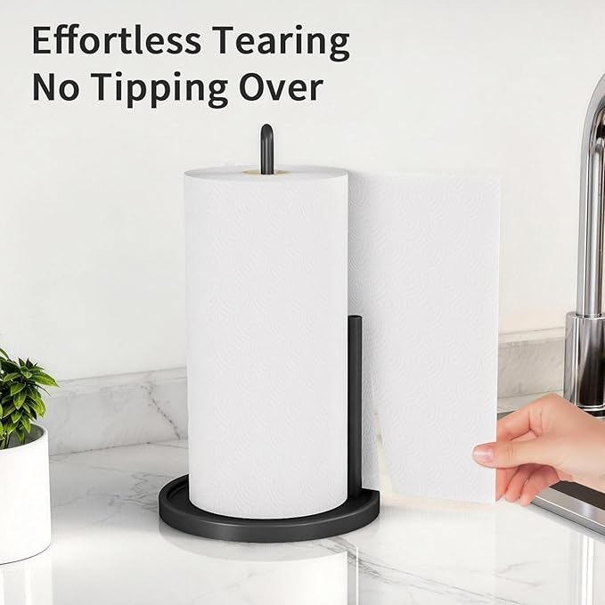Paper Towel Holder Countertop, Freestanding Paper Towel Roll Holder with Weighted Base, Stainless Steel Standing Papertowel Holder for Kitchen, Matte Black