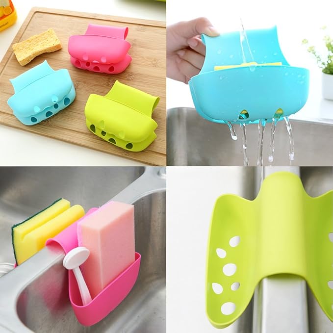 3 Pack Saddle Silicone Sink Caddy, Sponge Soap Brush Holder Basket Organizer Storage for Kitchen (Blue, Green, Pink)