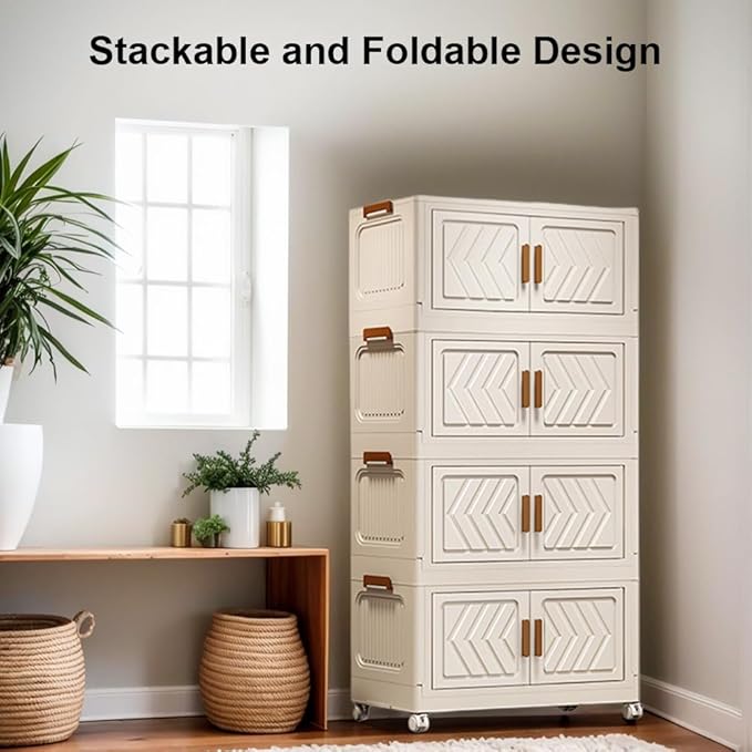 ETOYA 4-Tier Stackable Storage Bins with Lids & Wheels - 14.96"x10.24"x35.43" Collapsible Organizer Foldable Container, Plastic Storage Containers for Living Room, Office, Dorm Organization