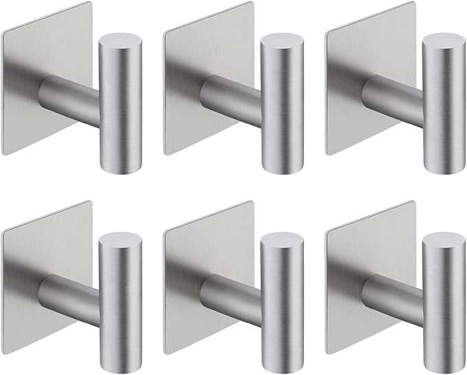 kesink Towel Hook 6 Pack Adhesive Bathroom Robe Hooks, Sticky Coat Hooks for Hanging, Closet, Coat Hook SUS304 Stainless Steel Brushed, BTH7204-2-P6