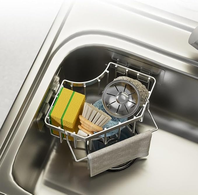 Corner Sink Organizer, Silver Stainless Steel Sponge Holder with Towel Bar, Self-Adhesive Kitchen Storage Rack, 6.3x6.3x3.2 Inches