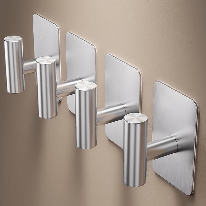 Eowihor Heavy Duty Adhesive Hooks - 26lb Max, Sticky Wall Hooks Waterproof Stainless Steel for Hanging Towel, Coat, Robe, Towel Hooks Stick on Bathroom, Kitchen, Shower, Door (Silver, 4 Pack)