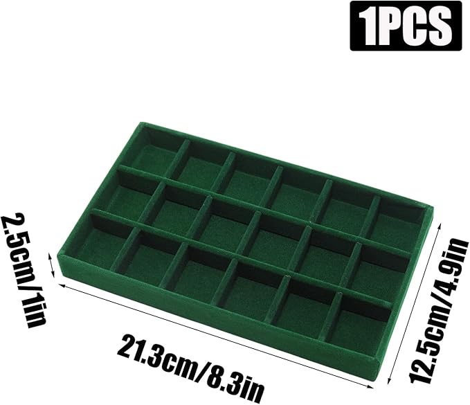 Velvet Jewelry Organizer Trays Dark Green Stackable Jewelry Storage Display Tray with Removable Dividers, 18 Grids