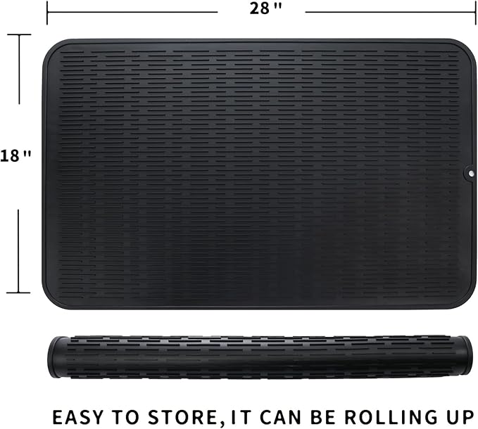 Silicone Dish Drying Mat for Multiple Usage,Easy clean,Eco-friendly,Heat-resistant Silicone Mat for Kitchen Counter or Sink,Refrigerator or Drawer Liner Black 3XL 28 inches x 18 inches