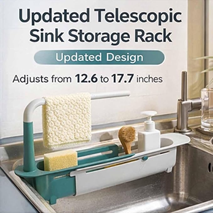 Updated Telescopic Sink Storage Rack, Dish Drying Rack over the Sink, Expandable Slim Drain Basket, Multifunctional Caddy Adjustable Kitchen Sponge Holder, for Counter Space Bathroom (2 PCS-B&C)