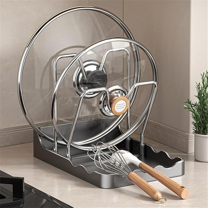 Pot Lid Holder for Kitchen Countertop - 2-in-1 Pot Lid Organizer with Spoon Rest and Rag Holder, PP + Stainless Steel Storage Rack, Grey(B)