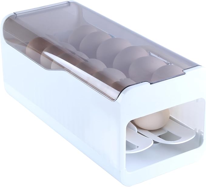 Sansam Egg Holder for Fridge, Automatic Rolling Egg Organizer for Refrigerator, Plastic Egg Container & Tray, Stackable Dispenser and Storage Bin with Sturdy Lid to Saving Space (Clear)