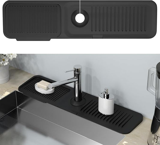 Kitchen Sink Splash Guard Behind Faucet 24 x 5.5 Inch, Toovem Faucet Handle Drip Catcher Tray, Longer Silicone Sink Faucet Mat, Dish Soap Sponge Holder for Bathroom, Farmhouse, Bar, Rv,Black