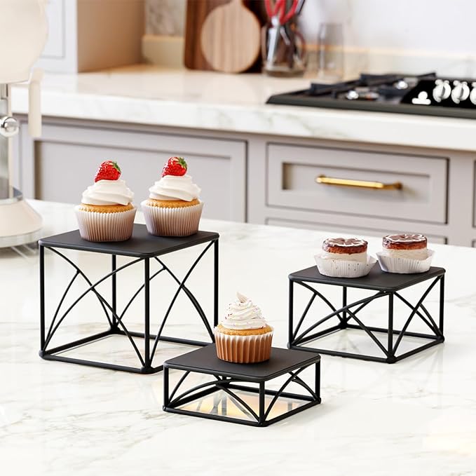 BYCY Dessert Tabletop Risers 6 Inch White Square Matte Wire Nesting Cupcake Risers Display Stand Shelf for Catering Collectibles Jewelry Figures Show , Set of 3 (Black)