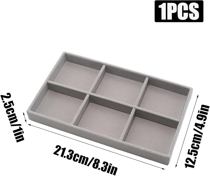 Velvet Jewelry Organizer Trays Gray Stackable Jewelry Storage Display Tray with Removable Dividers, 6 Grids