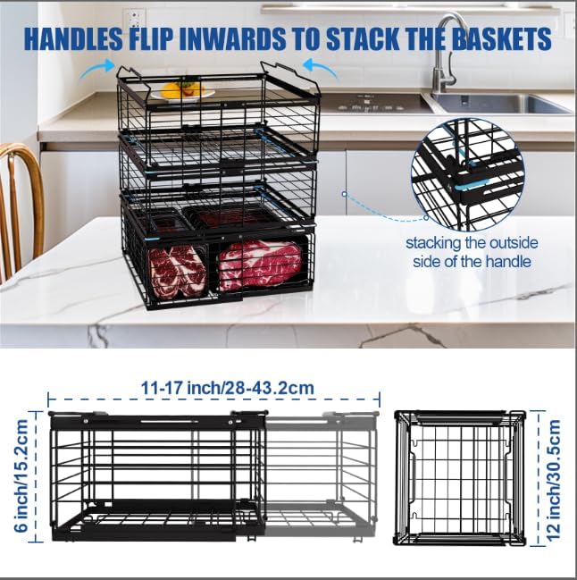 3PCS Freezer Organizer Bins,Stackable Chest Freezer Organizer for 7 Cu.FT Deep Freezer Sort Frozen Food, Easily Get Food from the Bottom with Side Handles Add Storage Space