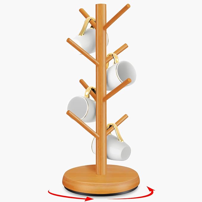 Mug Holder Tree,New Upgraded 360° Rotated 8 Hooks Coffee Cup Holder for Counter,Wood Coffee Mug Rack Standing for Co ffee Bar Accessories and Kitchen Home Organizer(Brown)