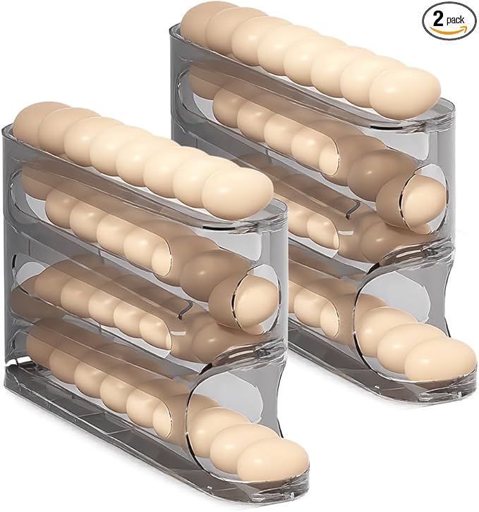 Egg Holder for Fridge, Automatic Rolling Dispenser, Space-Saving Organizer for Refrigerator and Countertop, 30 Large Eggs Capacity (2PCS Gray)