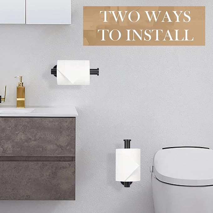 Toilet Paper Holder - Self Adhesive Toilet Paper Holder Wall Mount for Bathroom, SUS 304 Stainless Steel Command Strip Toilet Paper Roll Holder Stick On Wall, No Drilling - Matte Black（2 Pcs）