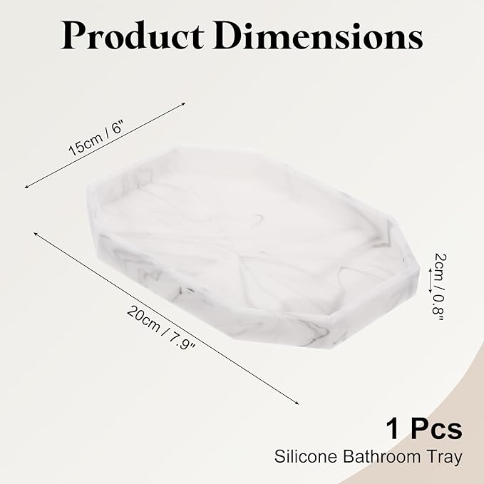 uxcell Bathroom Vanity Tray, 7.9" x 6" Octagon Silicone Soap Dispenser Trays, Shatterproof Kitchen Sink Organizer for Soaps Keys Candle Trinket, Marble White