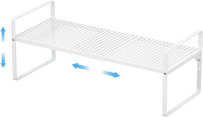 Expandable Kitchen Cabinet Shelf Organizer, Stackable Metal Pantry Storage Shelves, Adjustable Counter Shelf Organizer Rack for Kitchen Cabinets, Cupboard, Countertop, Closet, White