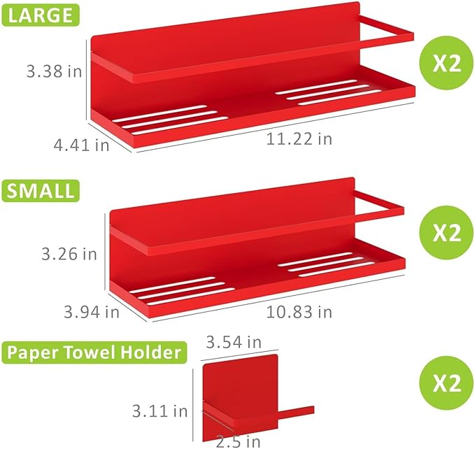 Roysili Magnetic Spice Rack For Refrigerator, Space Saving Magnetic Shelf For Fridge Red 4 Pack With Magnetic Paper Towel Holder