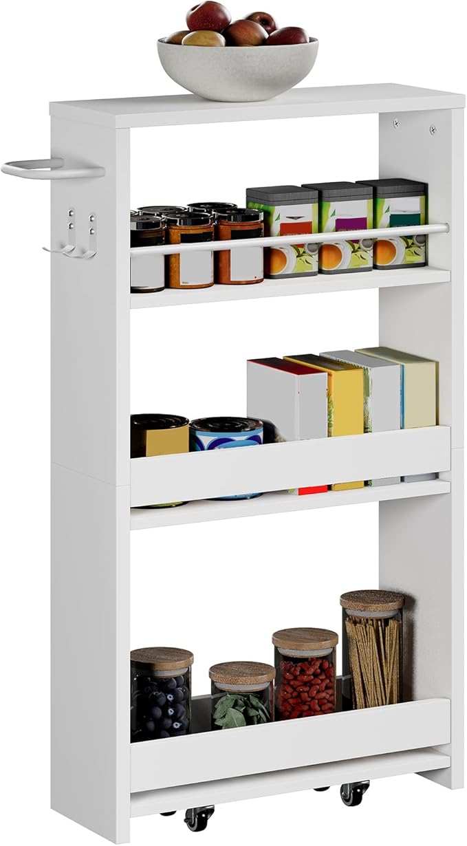 ChooChoo 4-Tier Bathroom Storage Cart, 5.5 inches Wide Narrow Storage Cabinet with 360° Wheels and 2 Hooks, Space-Saving Organizer for Kitchen, Narrow Places, Home Office, White