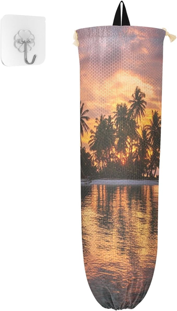 Plastic Bag Holder Wall Mount Grocery Bag Shopping Bag Storage Holder Organizer Dispenser with Adhesive Hook,for Kitchen Bathroom Home Decor 9x22 Inches Sunset Summer Palm Trees Island41