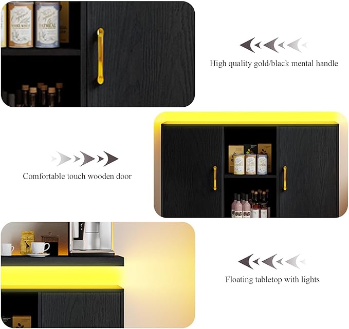 4 EVER WINNER Coffee Bar Cabinet with LED, Sideboard Buffet Cabinet with Storage, Coffee Station Cabinet with Charging Station, Black Coffee Bar for Kitchen, Dining Room