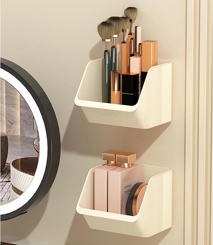 3-Pack Small Beige Storage Baskets, Plastic Storage Bins Kitchen Wall Organizer and Acrylic Shelves, Spice Organizer, Adhesive Spice Rack Wall Mount for Countertop/Cabinet/Bathroom