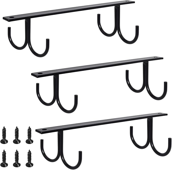 MOCOUM Under Cabinet Mug Rack, Rustic Mug Organizer Rack Cup Holder Under Shelf 12 Hanging Hooks Rack for Mugs, Coffee Cups and Kitchen Utensils Display (Black-3 Pack-12 Hooks)