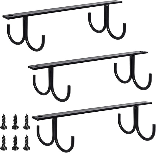 MOCOUM Under Cabinet Mug Rack, Rustic Mug Organizer Rack Cup Holder Under Shelf 12 Hanging Hooks Rack for Mugs, Coffee Cups and Kitchen Utensils Display (Black-3 Pack-12 Hooks)