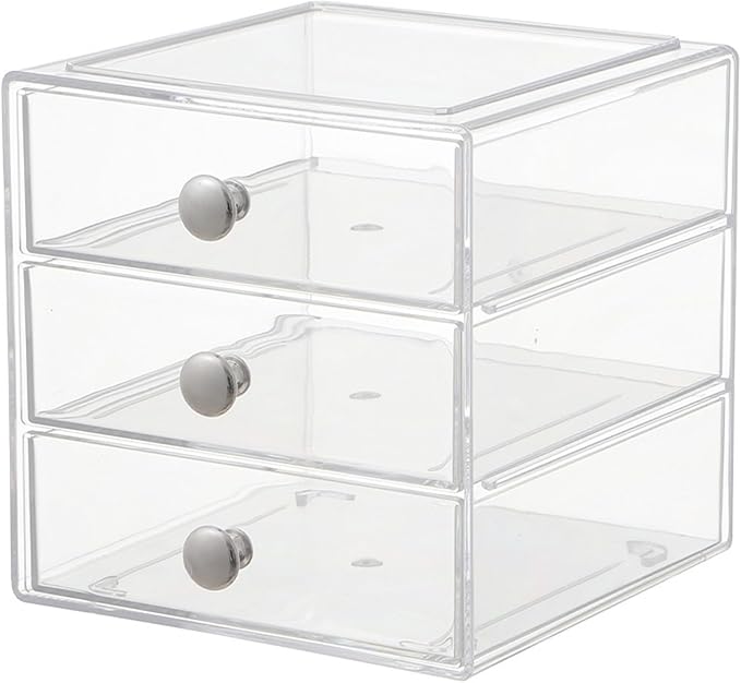 Makeup Drawer Organizer Box with 3 Drawers, Acrylic Cosmetic Display Case Vanity Organizer Jewelry Storage Box Stackable Storage for Cosmetics, Skin Care, Bathroom, Countertop, Silver Handle