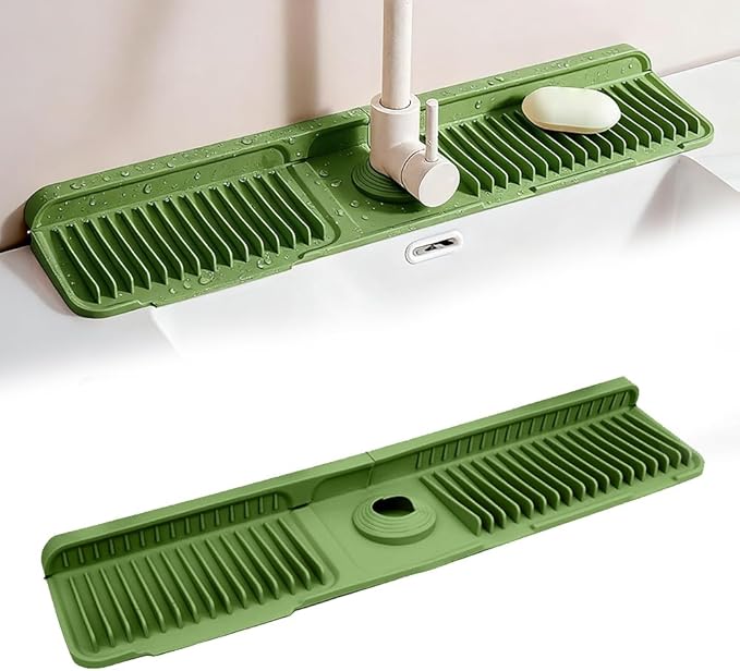 Silicone Kitchen Sink Splash Guard 2025 | Upgraded 24"x5.5" Faucet Mat with 6° Slope for Kitchen Batnroom | Anti-Slip Drip Catcher | Sink Protector Pad for Countertop Water Drain (Green)