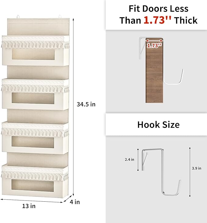 Aokeyee 4 Shelf Over The Door Organizer Nursery, Boho Closet Hanging Organizer Storage with Tassels and Clear Window, Behind The Door Storage for Baby Nursery, Bedroom, Bathroom, Laundry, Pantry