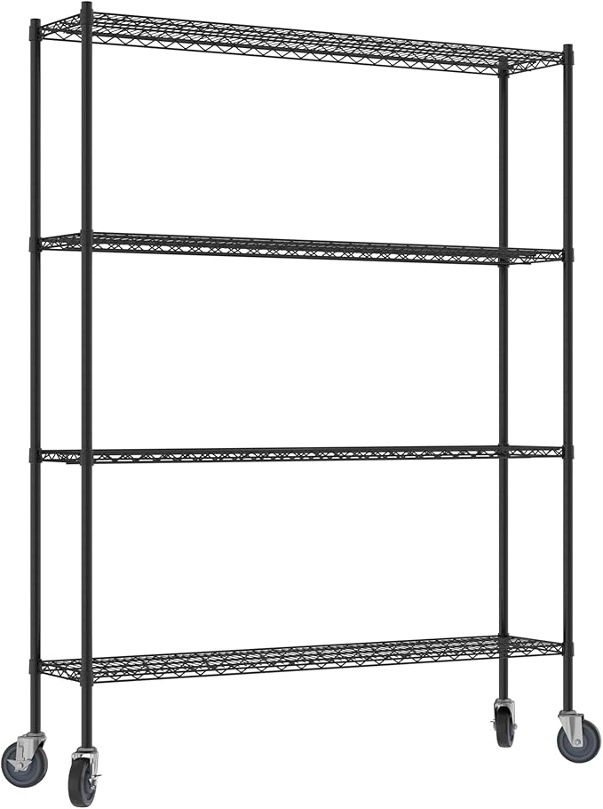 Commercial NSF Listed Black Epoxy Mobile Wire Shelving Kit 14" x 60" x 80", with 4 Shelves Perfect for Warehouse, Walk-in Refrigerator, Freezer, Grocery Store, Restaurant, Dishroom