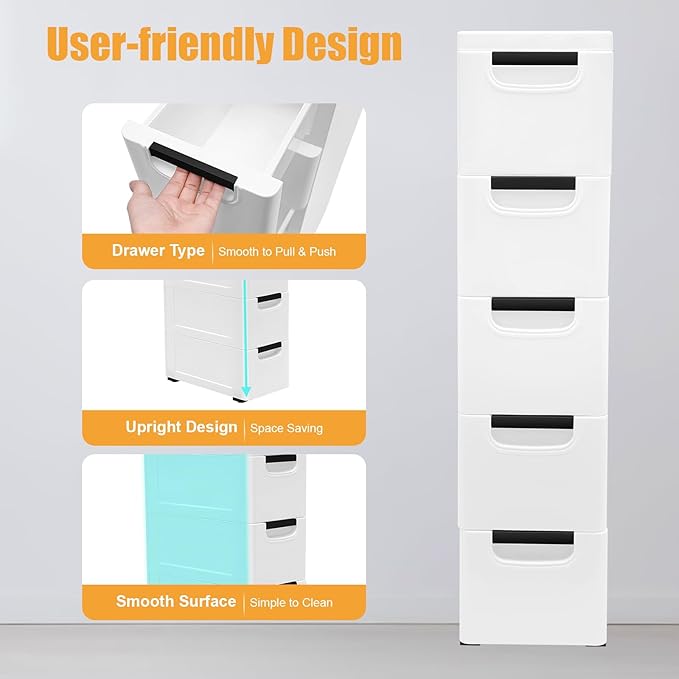 5 Drawers Stackable Storage Drawers Plastic Storage Drawers Collapsible Storage Bins Plastic Clothes Organizer Drawers Storage for Living Room,Bedroom,Office (White, 7.87" W)