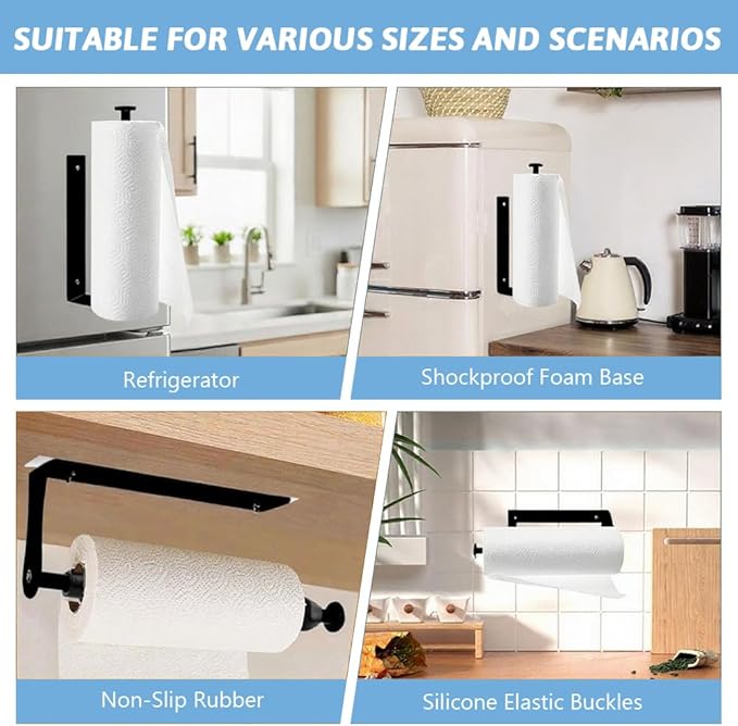 Magnetic Paper Towel Holder for Fridge, No Drill, One Hand Tear Paper Towel Holder with Ratchet Mechanism, Self-Adhesive & Wall Mount for Refrigerator, Kitchen, Garage, RV(Color:Black)