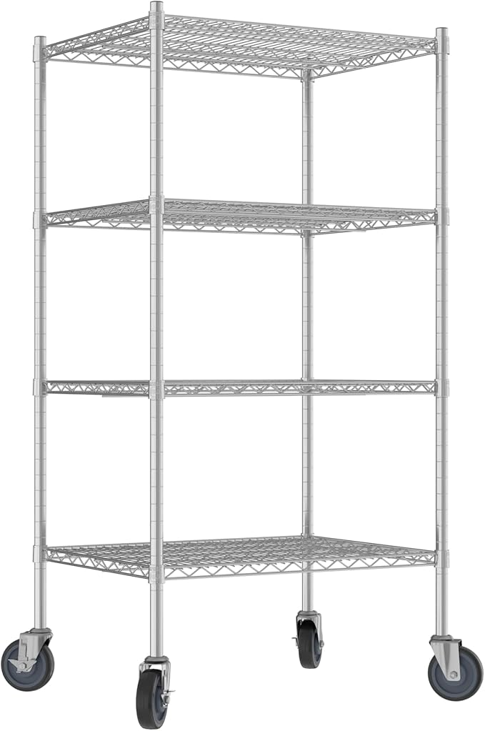 Commercial NSF Listed Chrome Mobile Wire Shelving Kit 24" x 30" x 60", with 4 Shelves Perfect for Warehouse, Walk-in Refrigerator, Freezer, Grocery Store, Restaurant, Dishroom