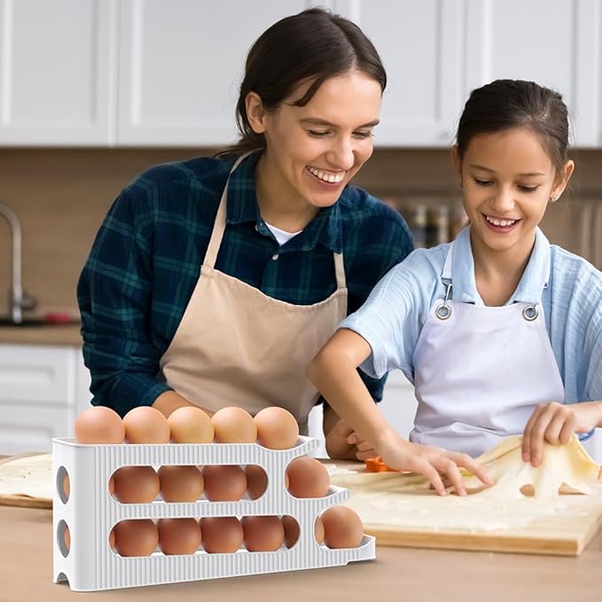 Egg Holder for Fridge, 3 Tiers Auto Rolling Egg Storage Organizer for Refrigerator, Slim Space Saving Container, Dispenser - Egg Roller for Eggs 18 Count