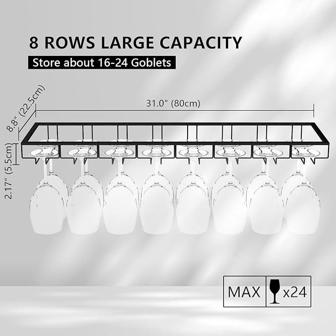 8-Row Wine Glass Rack Under Cabinet, 31 inch Stemware Hanger under Shelf, Large Capacity Glasses Storage for Bars and Kitchen Counters