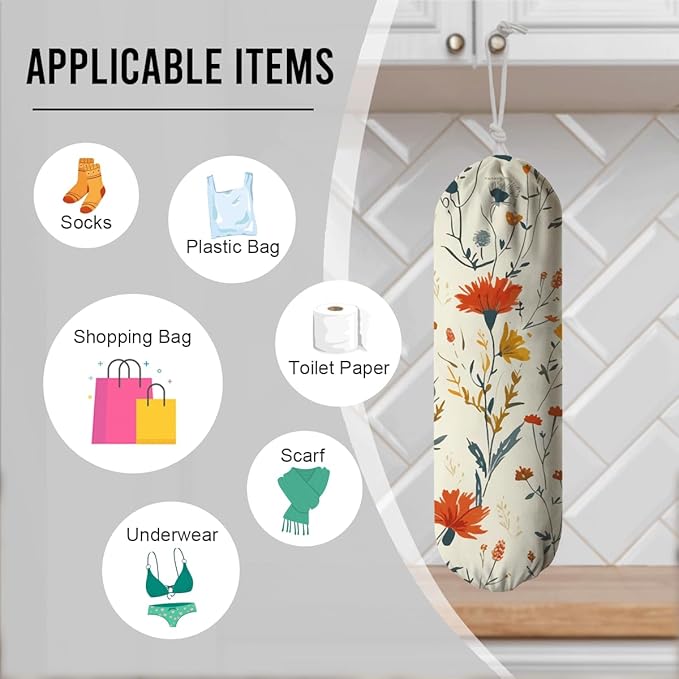 Aesthetic Floral Bag Holder, Wall Mount Plastic Bags Storage Container Dispensers, Kitchen Essentials, Kitchen Housewarming Gifts for Women Family Friends Grandma Mom