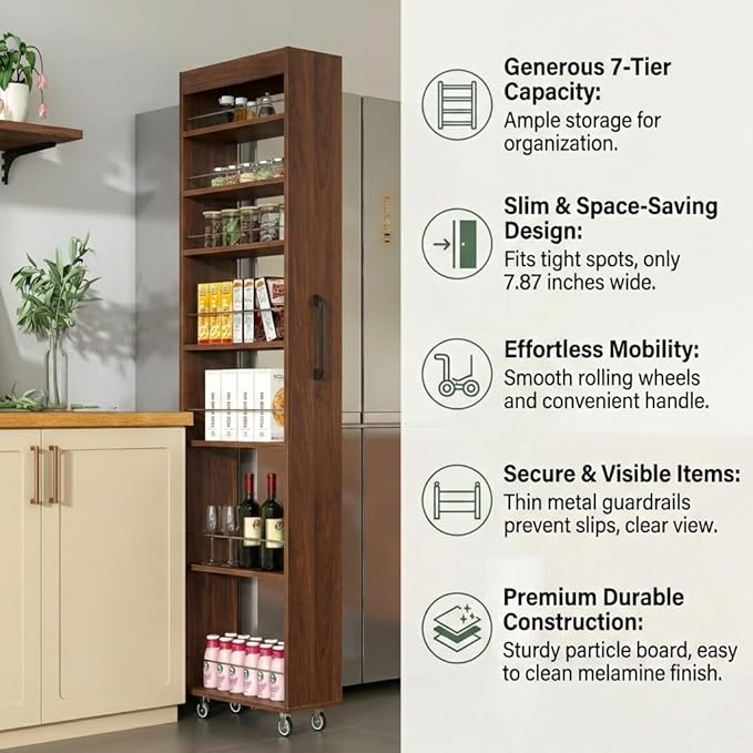 Slim Rolling Storage Cart, 7-Tier Pull-Out Spice Rack with Handle & Wheels, Narrow Kitchen Organizer for Next to Fridge, Pantry, Laundry Room, 7.87 Inch Wide Space Saver (Walnut, Exposed Wheels)