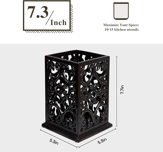 jogreful Utensil Holder, Cast Iron Kitchen Utensil Crock for Countertop, Extra Large Utensil Organizer with Weighted-Base, Housewarming Vintage Decor, Vine Pattern, Coffee Gold