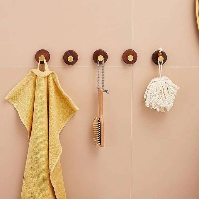 Stacknovo No-Drill Wall Hooks (3-Pack) - Dark Walnut Decorative Adhesive Hooks for Towels, Hats & Robes, Strong Damage-Free Hanging in Bathroom, Kitchen, Bedroom (3, Gold)