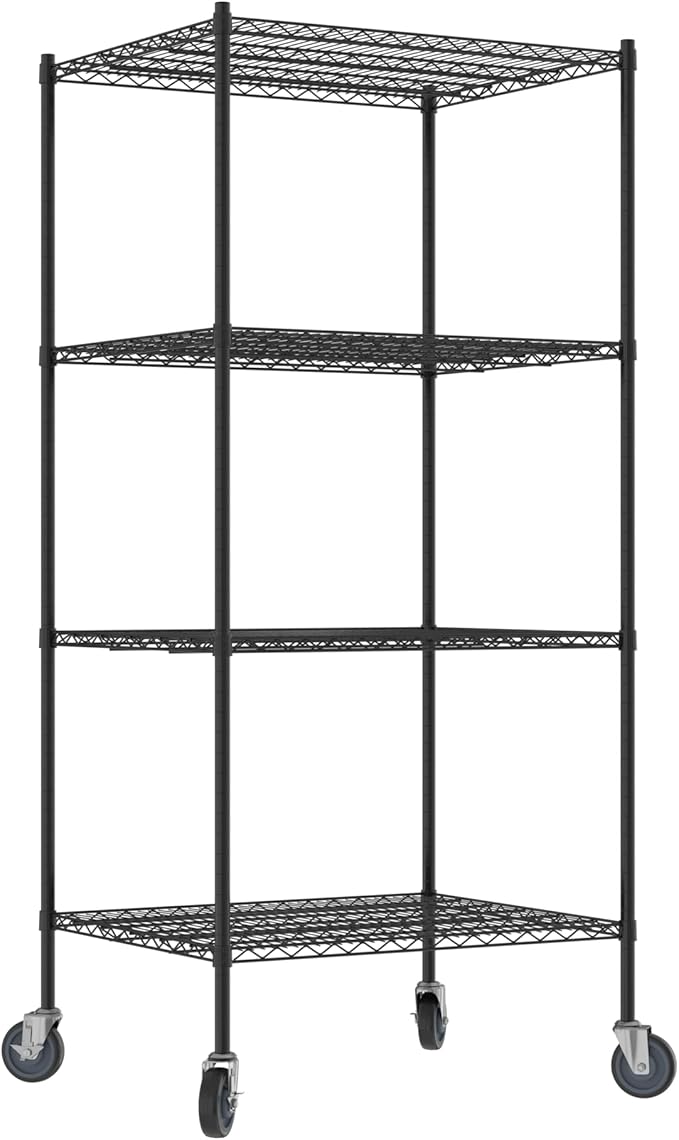 Commercial NSF Listed Black Epoxy Mobile Wire Shelving Kit 30" x 36" x 80", with 4 Shelves Perfect for Warehouse, Walk-in Refrigerator, Freezer, Grocery Store, Restaurant, Dishroom