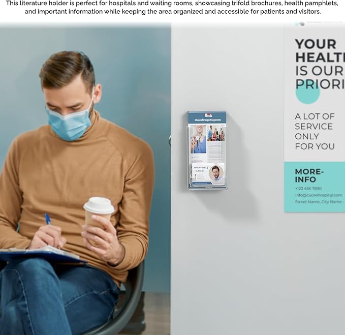 Marketing Holders 12 Pack Pamphlet Holder With Card Slot and Hanging Hardware for 4" Rack Cards, 3.5" x 2" Contact Info, and Trifolds - Clear Plastic Wall Literature, Maps or Menus Organizer
