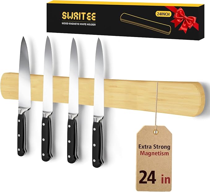 Magnetic Knife Holder for Wall, 24 Inch Extra Large Bamboo Knife Strip with Strong Magnetism, Space Saver Organizer for Farmhouse/Restaurant Kitchen, Housewarming Gifts