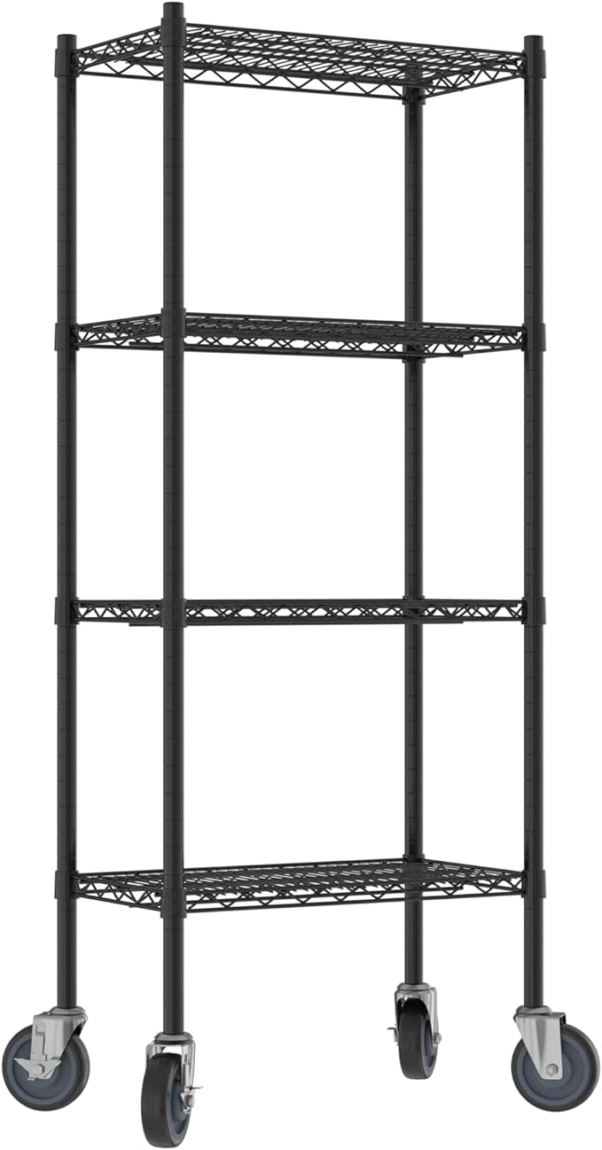 Commercial NSF Listed Black Epoxy Mobile Wire Shelving Kit 14" x 24" x 60", with 4 Shelves Perfect for Warehouse, Walk-in Refrigerator, Freezer, Grocery Store, Restaurant, Dishroom