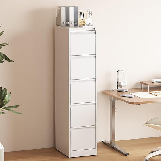 5 Drawer File Cabinet with Lock, Vertical Filing Cabinets for Home Office, Metal Storage Cabinets, Heavy Duty File Cabinet for Letter/Legal/A4/F4 Size Amsseble Required, White